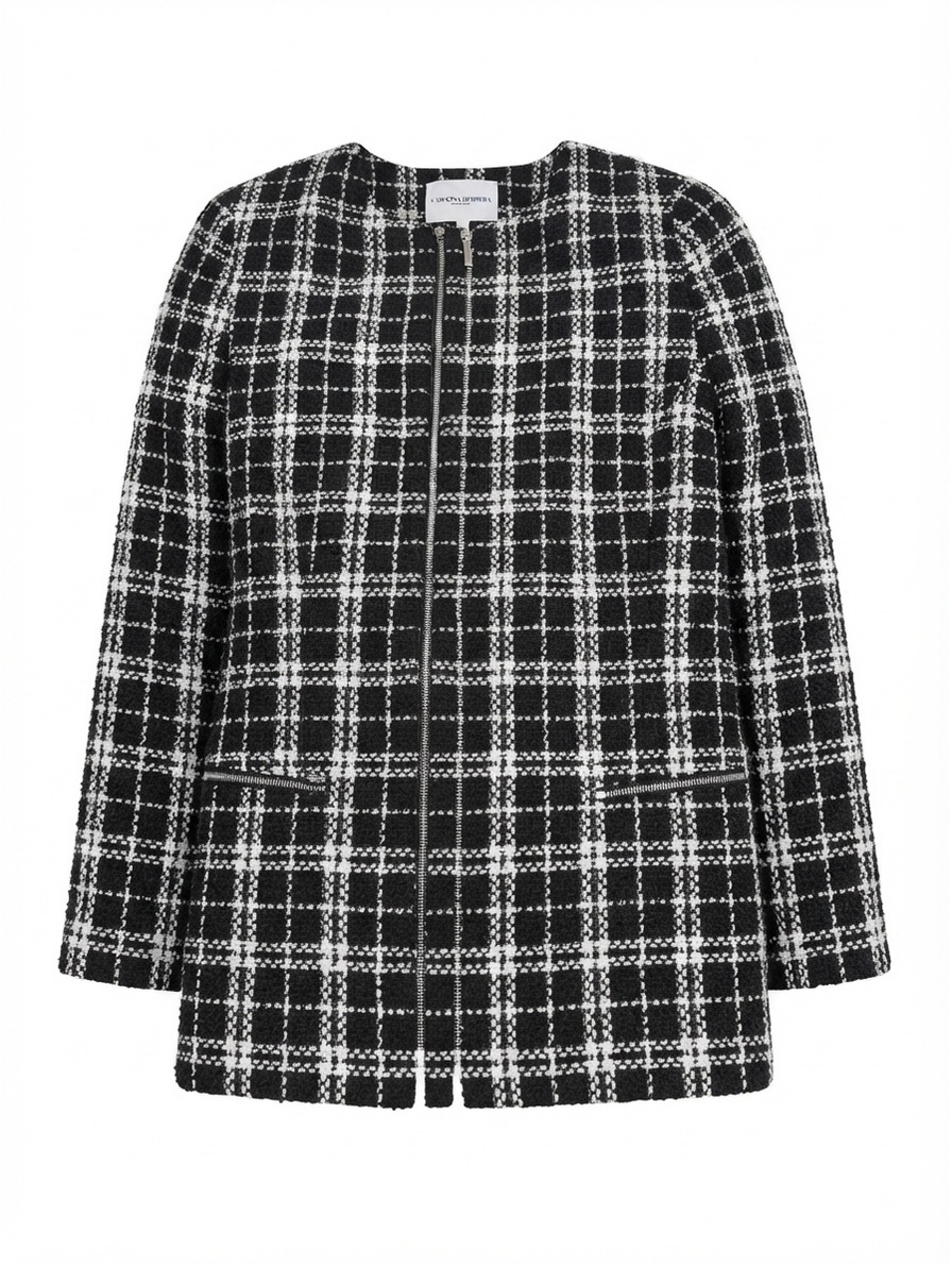 Carolina Belle Montreal Black White Tweed Plaid Zip Front Jacket Blazer Large